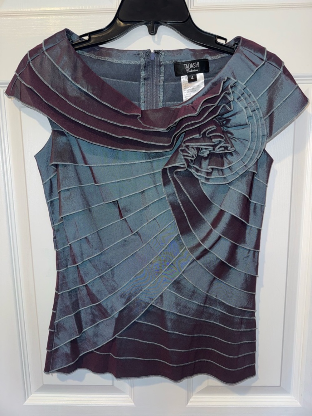 Tadashi Shoji Iridescent Blue-Purple Pleated Top with Rosette